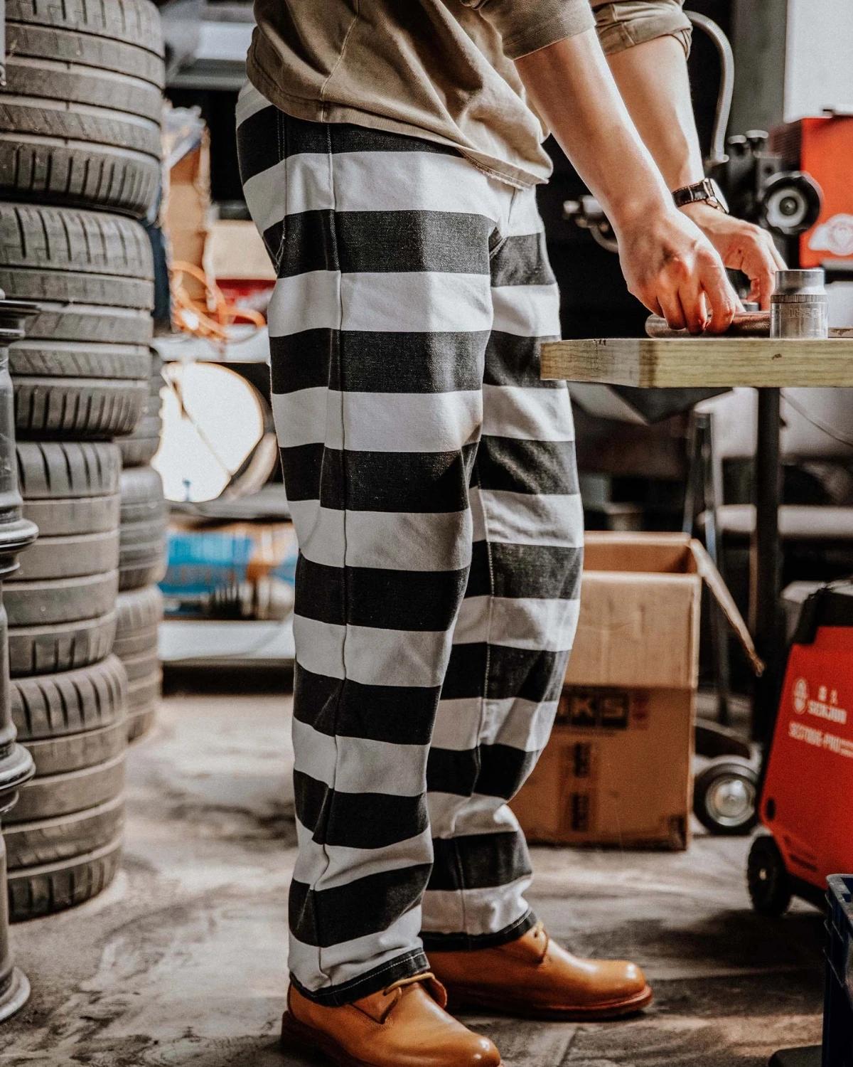 Pantalon de moto en toile lourde pour hommes, rétro américain, rayures noires et blanches, droit, dé