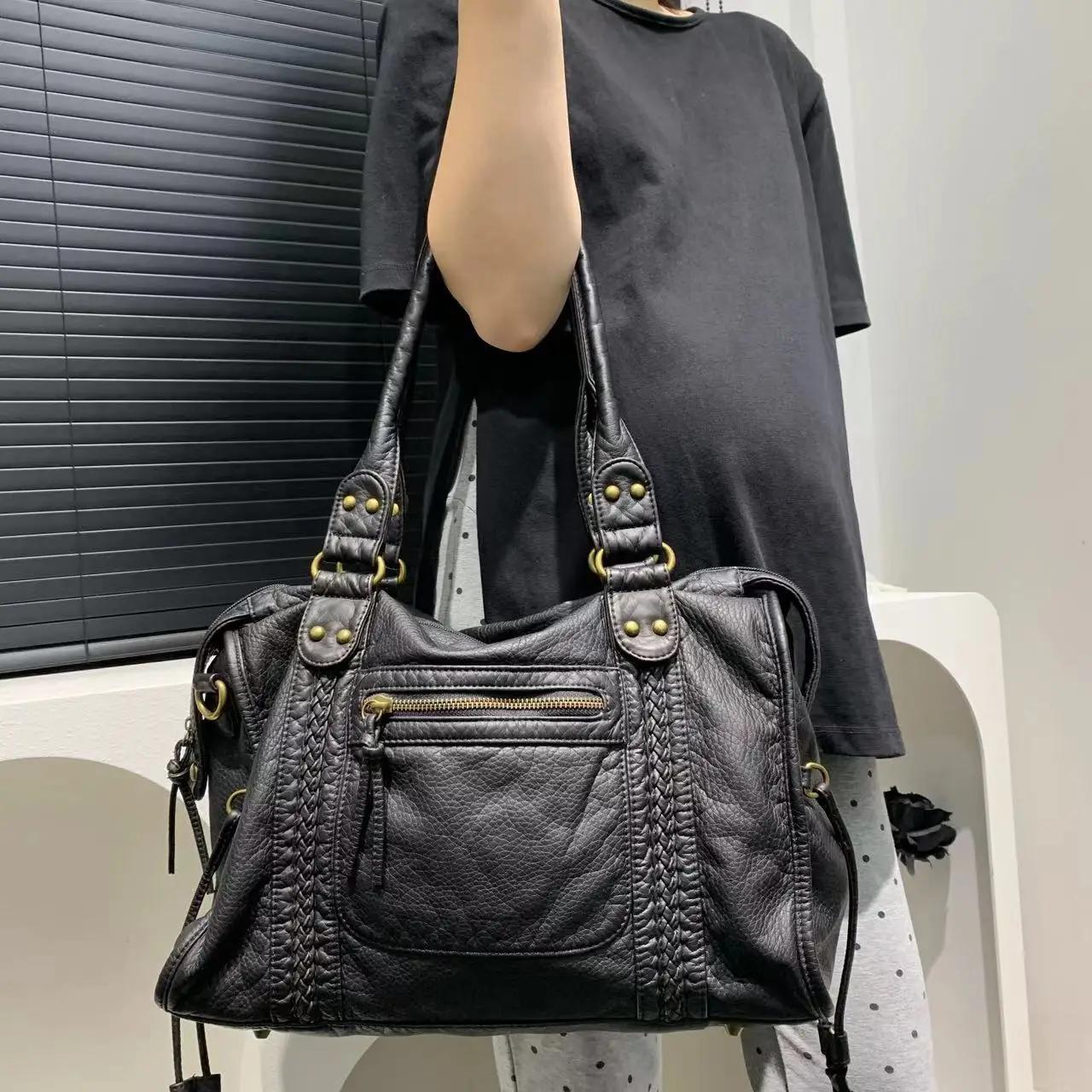 Y2K – sac à bandoulière asymétrique épaule dénudée pour fille épicée, sac de moto Vintage en cuir so