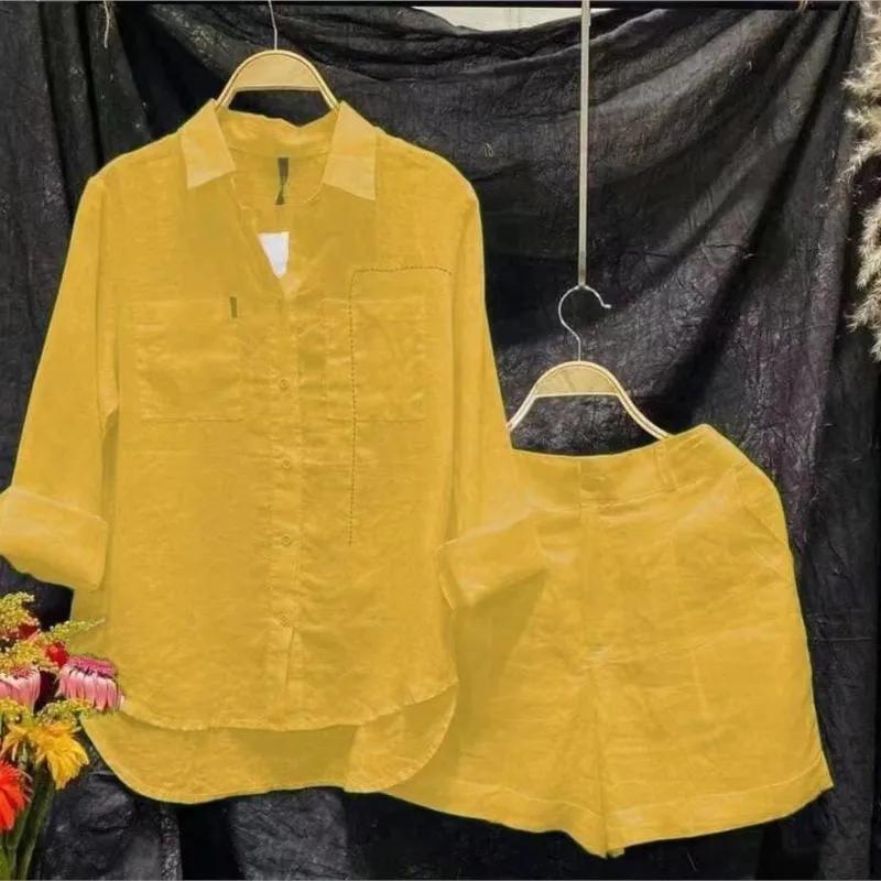 Ensemble d'été 2 pièces en coton et lin pour femmes, chemise et short blancs à manches longues, à la