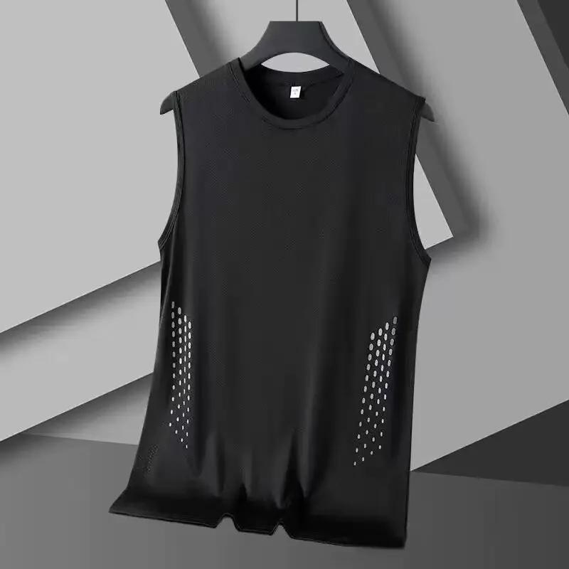 Débardeur d'été en maille pour homme, sans manches, imprimé, col rond, en soie glacée, pour le baske