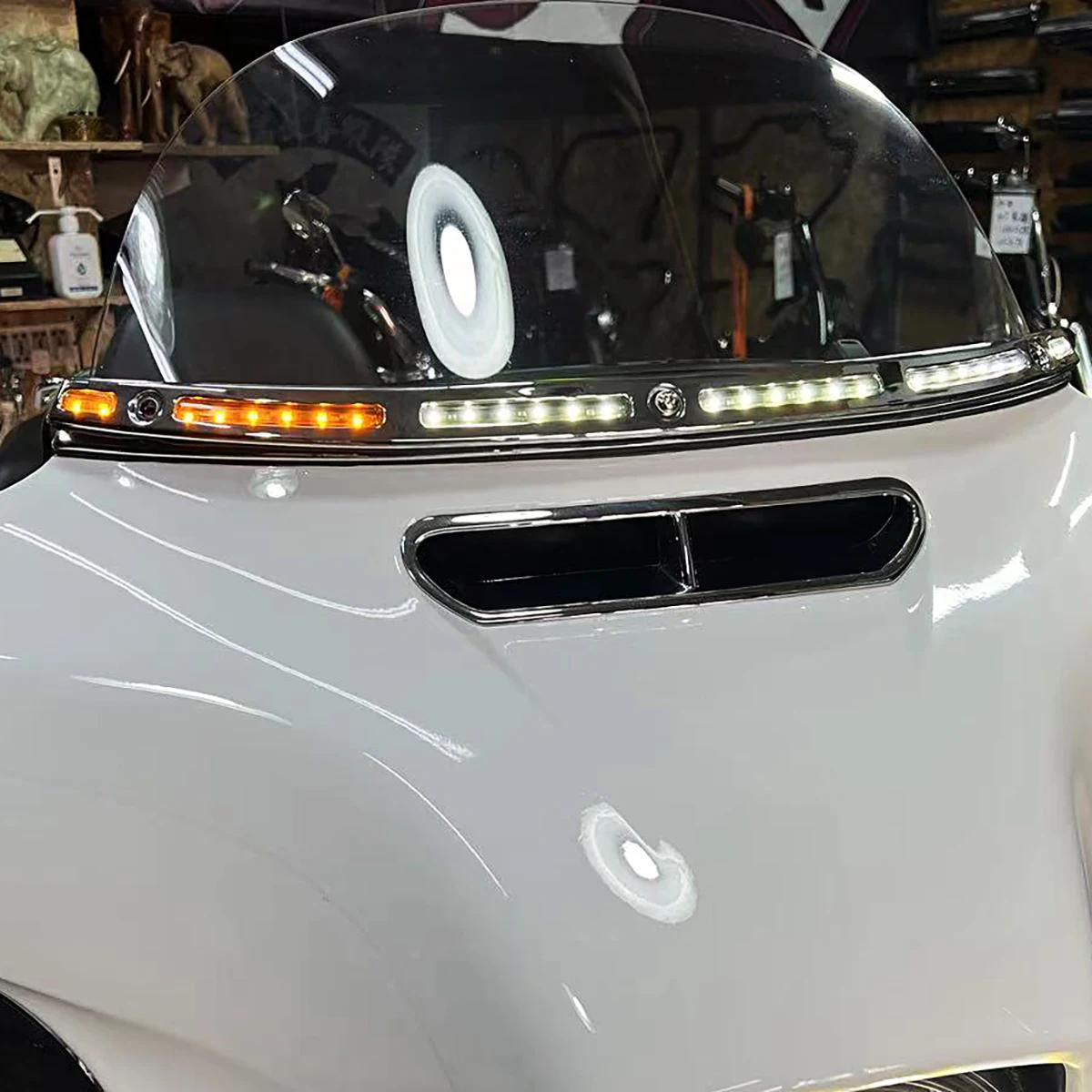Garniture de pare-brise LED chromé brillant noir blanc ambre pour Harley Touring Street Glide FLHX 2
