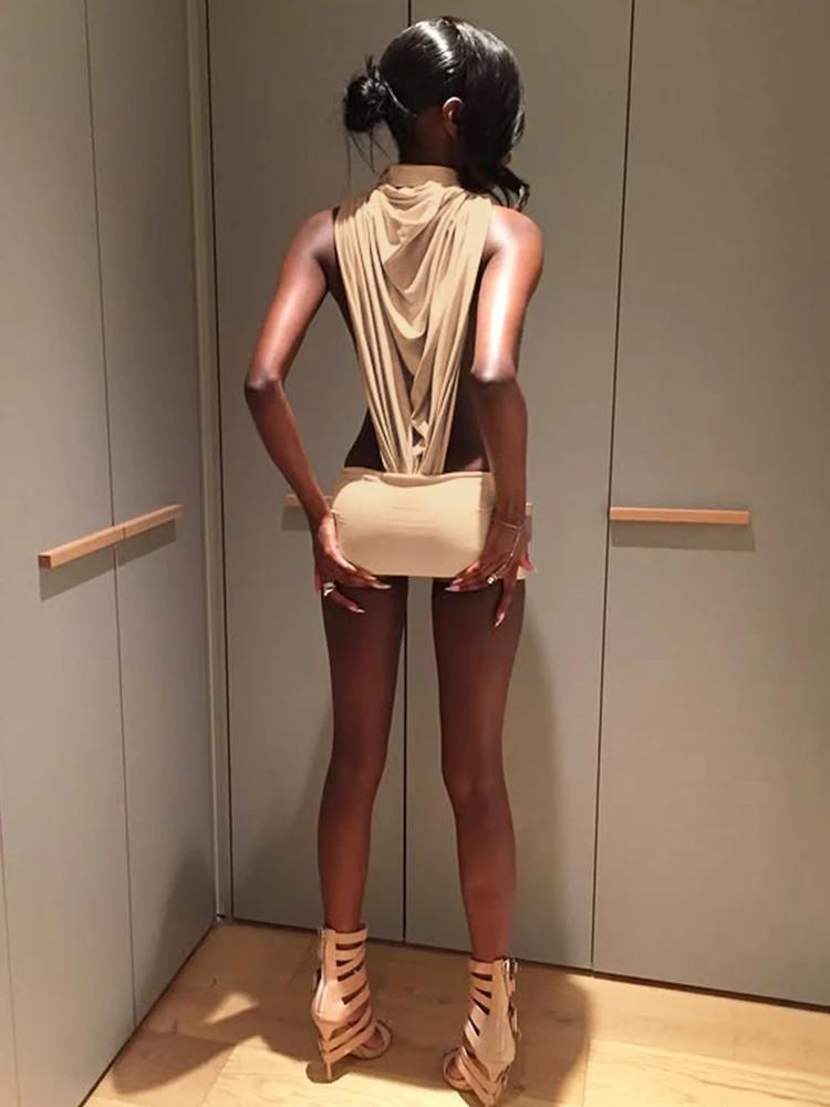 Ensemble 2 pièces sexy Kliou pour femme : Bodys froncés à col roulé et découpes latérales + Mini-jup