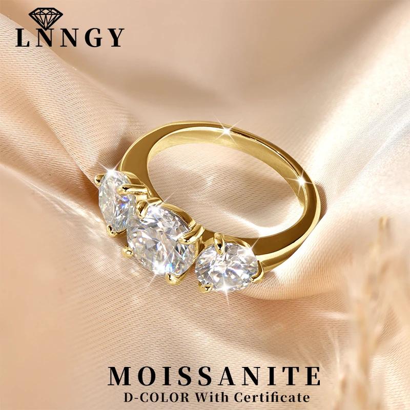 Lnngy – bague de fiançailles ronde en Moissanite pour femmes, 8mm et 6.5mm, en or 14K, trois pierres