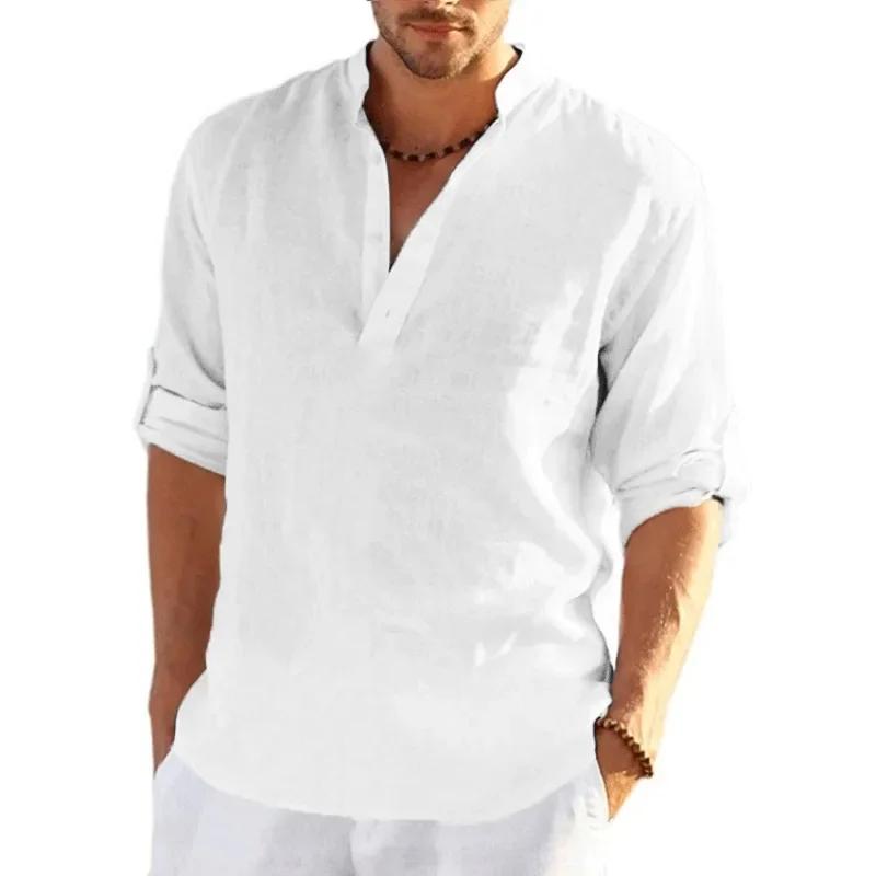 T-shirt à manches longues en lin pour hommes, chemise en coton respirant, streetwear léger, chemises