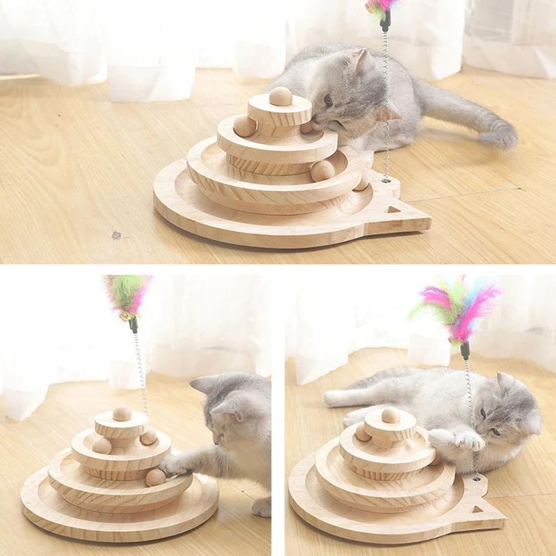 Jouet en bois pour chat de compagnie, 2/3 niveaux, tour de pistes, disque d'attractions d'intelligen