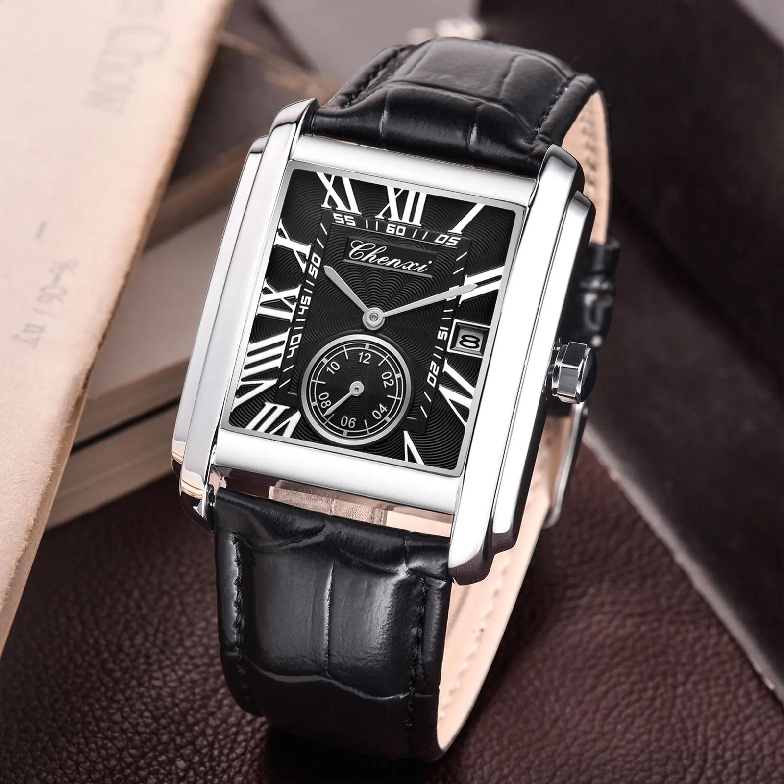 Chenxi-Montre de dehors Rectangulaire en Cuir group pour Homme, Horloge Élégante à Quartz, Étanche, 