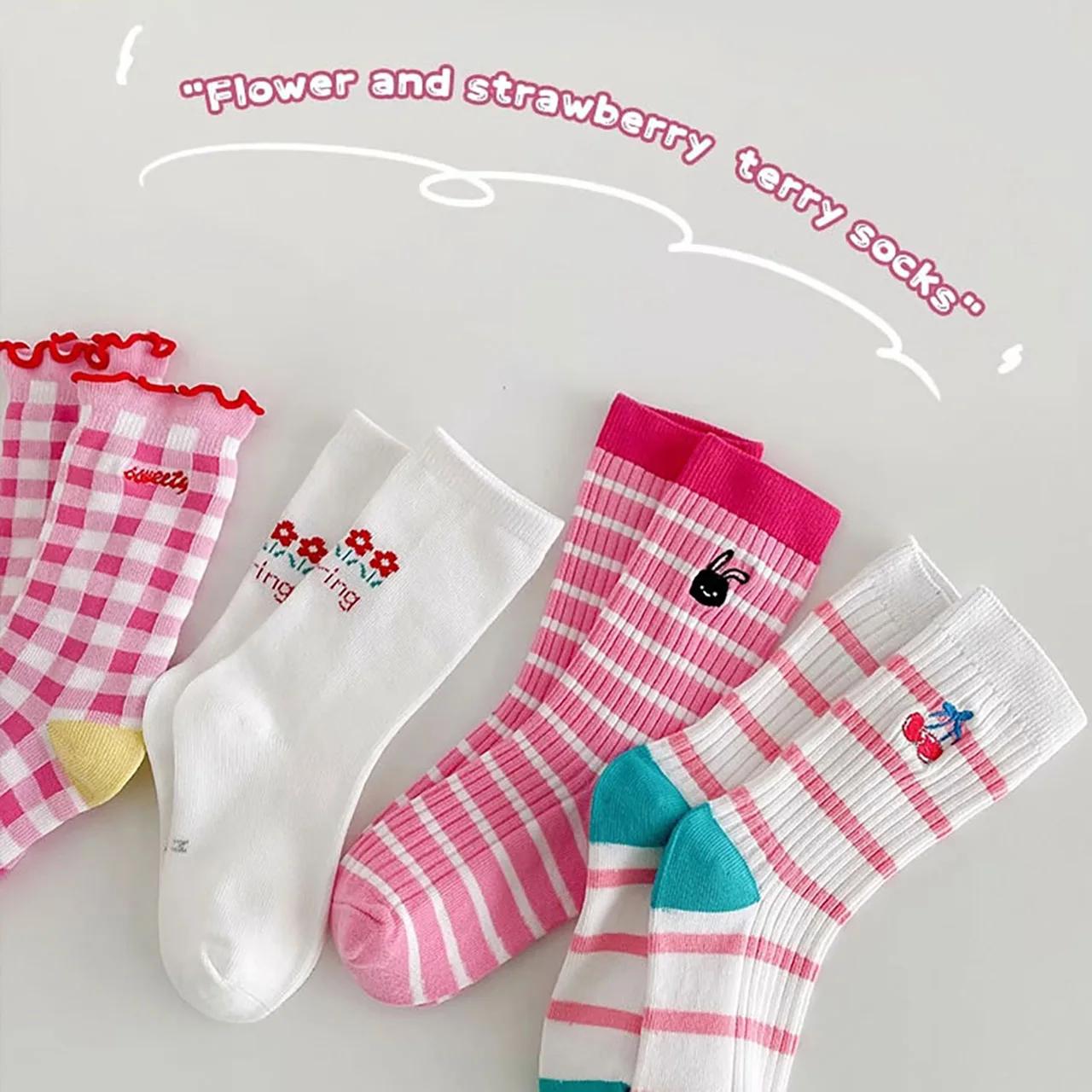 4 paires de chaussettes roses pour filles, chaussettes mi-tube en coton pour enfants, chaussettes co