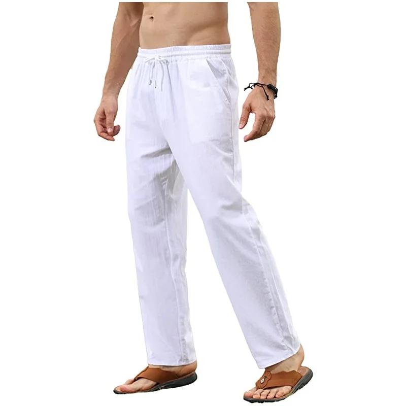 Pantalon en coton et lin pour hommes, ample, décontracté, respirant, couleur unie, cordon de serrage