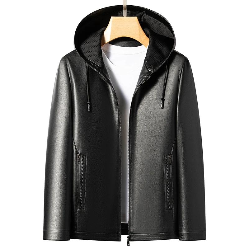 YN-2583 nouvelle veste en cuir à capuche pour hommes printemps et automne haut mince hiver en peluch