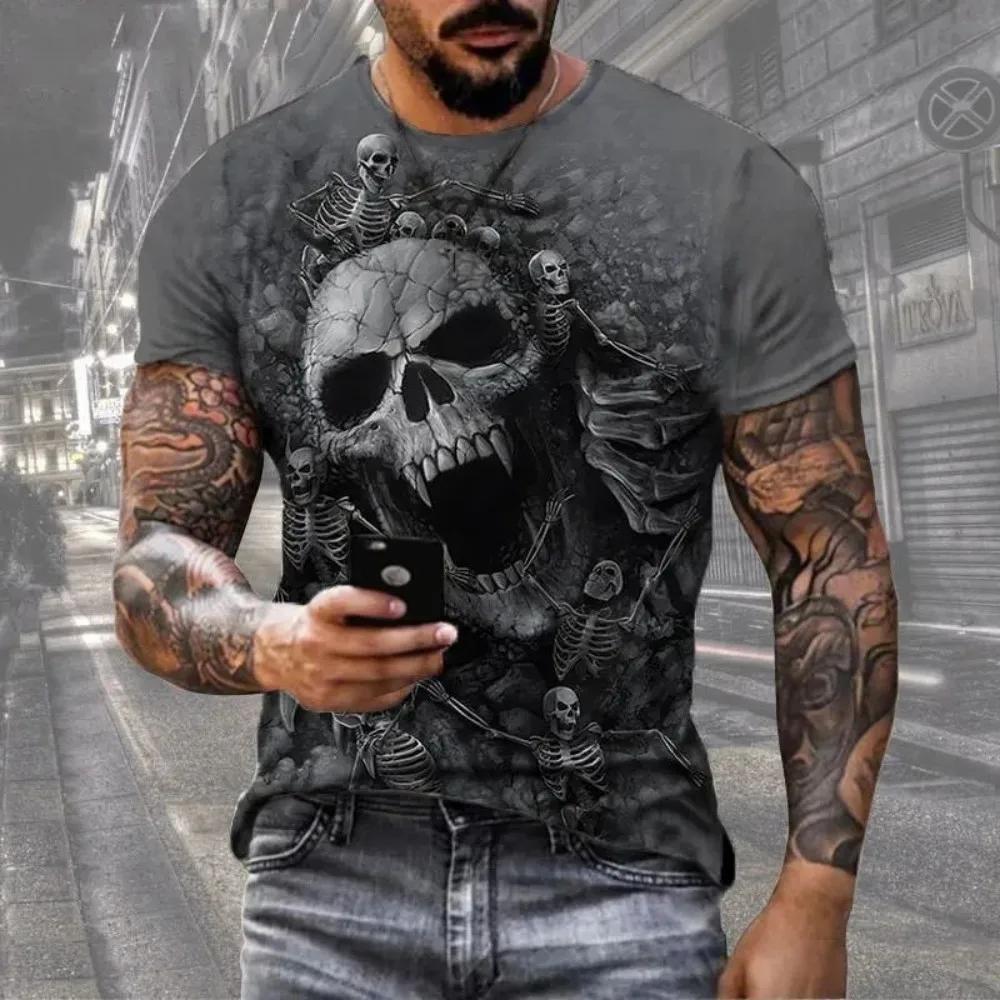 Horreur mort été hommes respirant col rond T-shirt crâne imprimé Halloween rue Hip Hop décontracté h