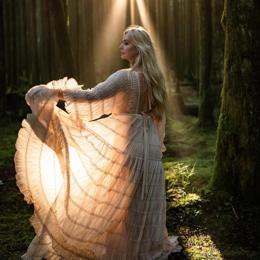Robe longue bohème en tulle moelleux pour séance photo, robe de grossesse, manches longues, col en V