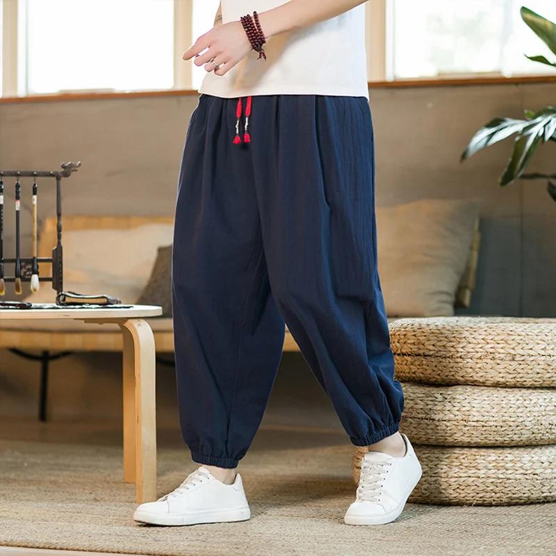 Pantalon décontracté japonais pour homme, en coton et chanvre, coupe ample avec cordon de serrage, s