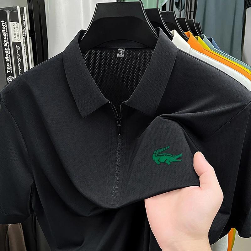 Polo texturé premium pour homme, sans couture, demi-zip, imprimé crocodile, manches courtes, col rev