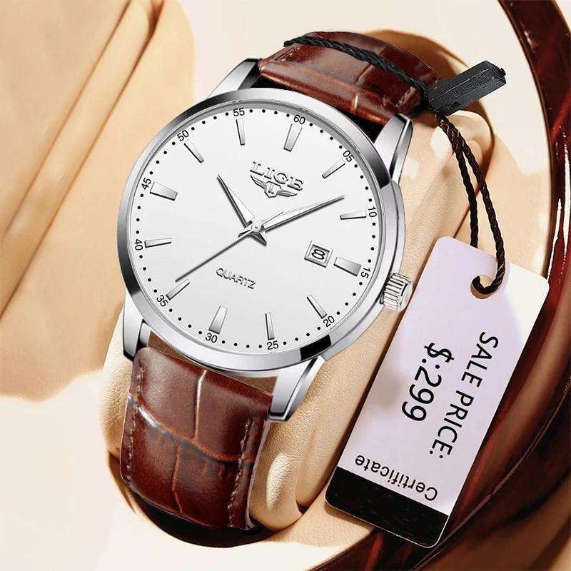 LIGE homme montre mode bracelet en cuir hommes montres militaire Sport étanche calendrier Quartz mon