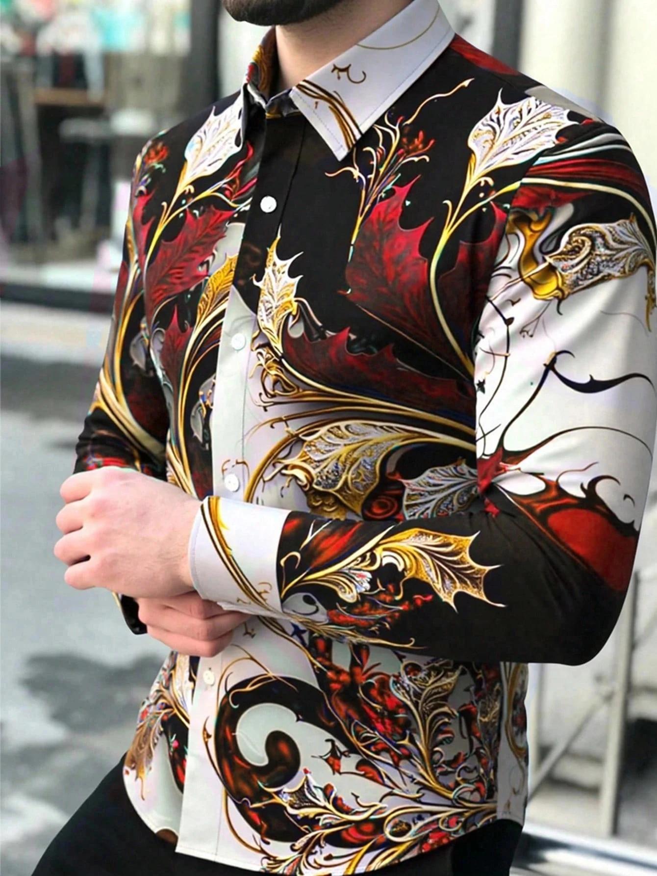 Chemise boutonnée décontractée à motifs géométriques pour hommes – Mélange de polyester, col à rever