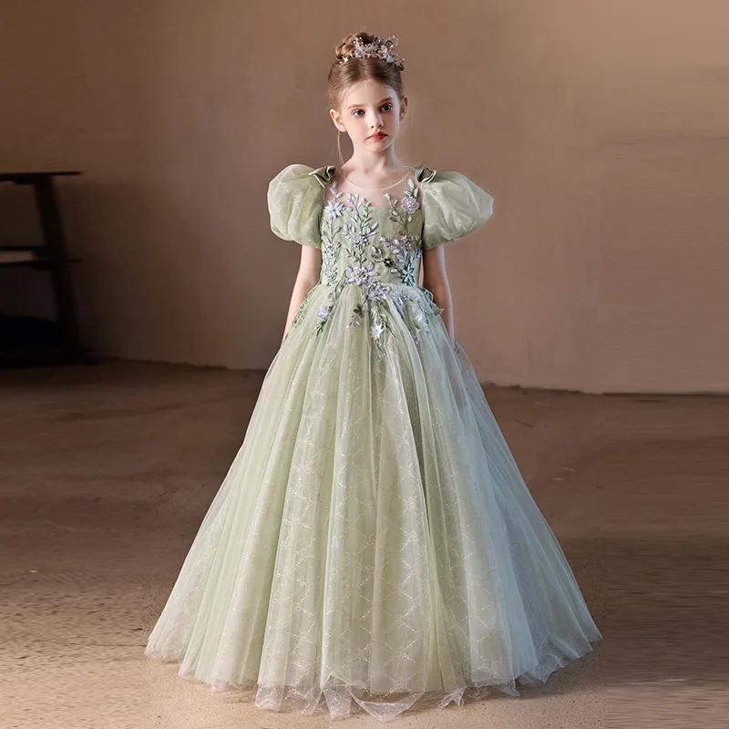 Robe formelle pour enfants2025Spring nouvelle robe pour filles Performance de piano vert forêt Style