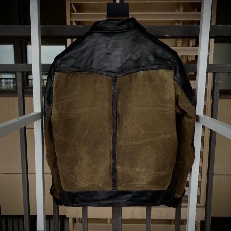 Veste en cuir marron de style rétro décontracté pour homme, cuir de cheval naturel et toile épissés,