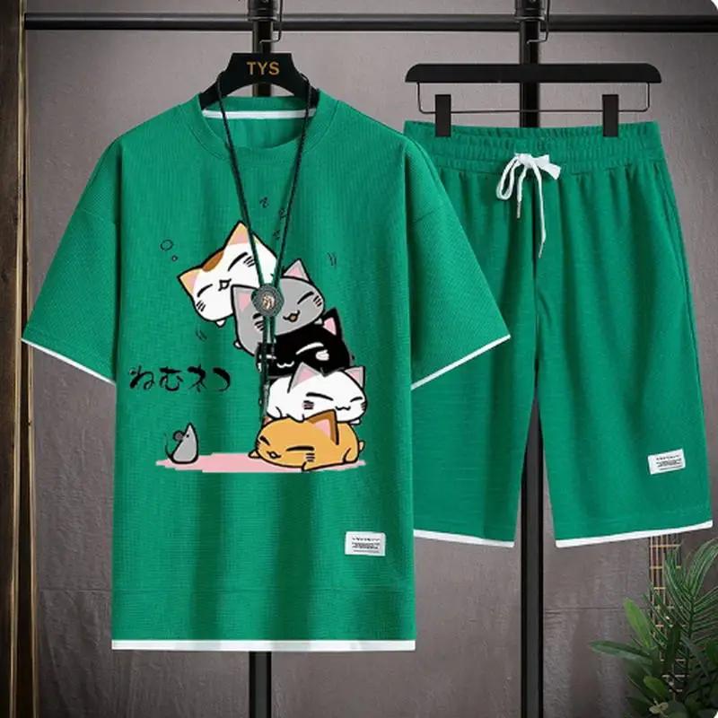 Ensemble gaufré d'été pour hommes, marque à la mode, t-shirt et short décontractés, ensemble de spor