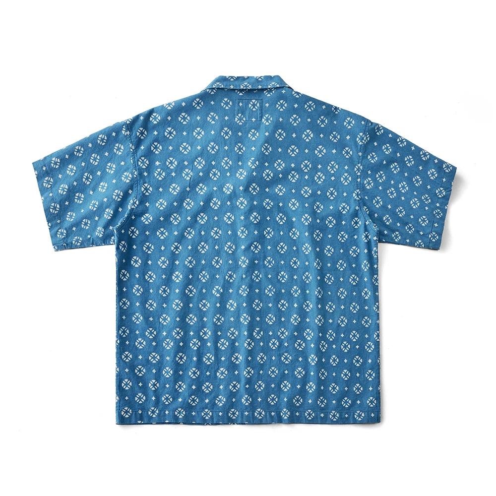 Vintage Indigo imprimé chemise hommes été nouveau bleu teint cubain revers manches courtes simple bo