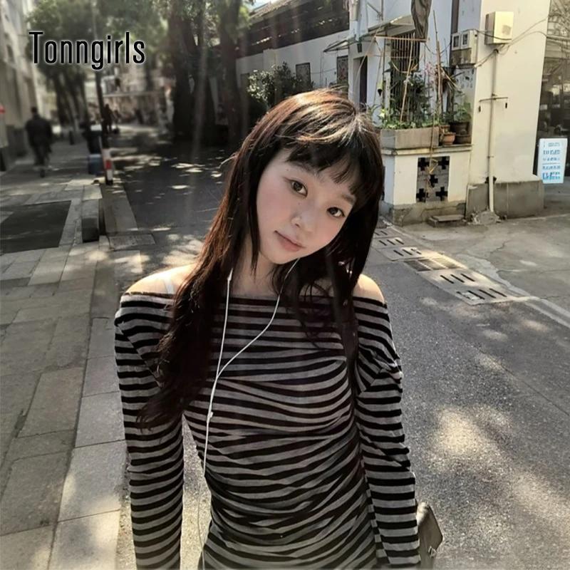 Tonngirls esthétique 2000s femmes T-shirt à manches longues rayé décontracté t-shirts épaules nues S