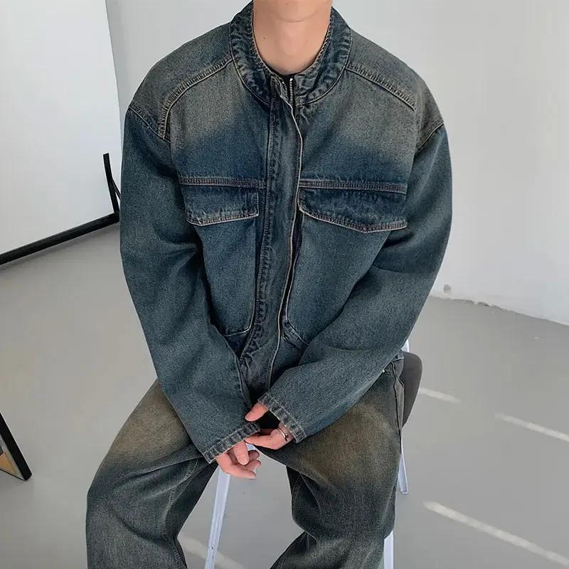 Vestes en jean à col montant tendance pour hommes, style américain ample, décontractées, vintage, dé