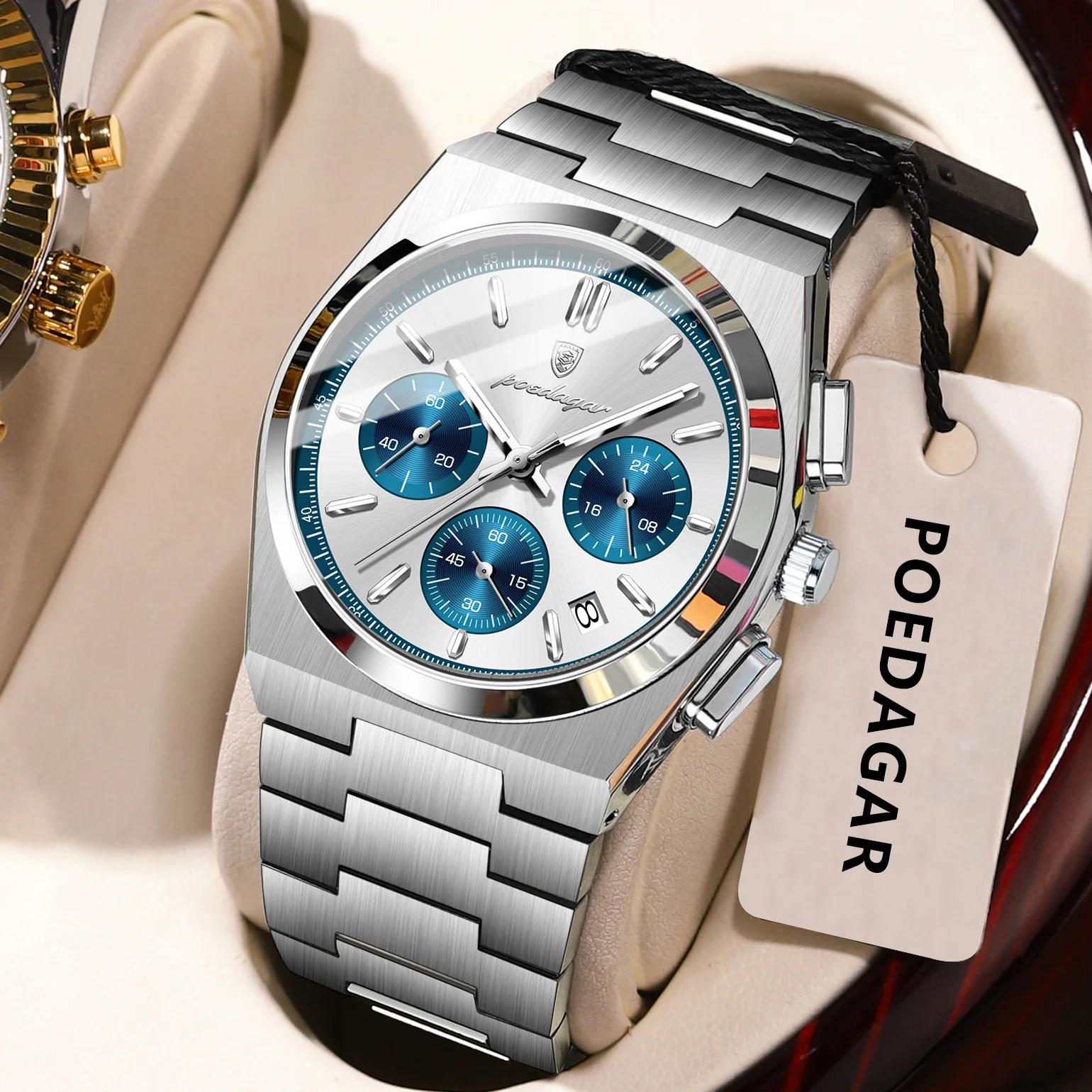 POEDAGAR montre de luxe homme chronographe Date acier inoxydable Sport hommes montre-bracelet étanch