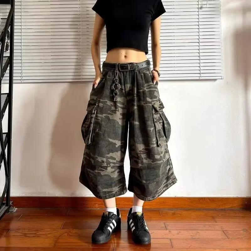 Style américain denim vintage couteau incurvé style pantalon court en détresse camouflage pantalon d