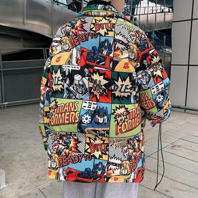 Hip Hop Graffiti dessin animé imprimé Parkas manteaux hommes Streetwear Harajuku hommes hiver épais 