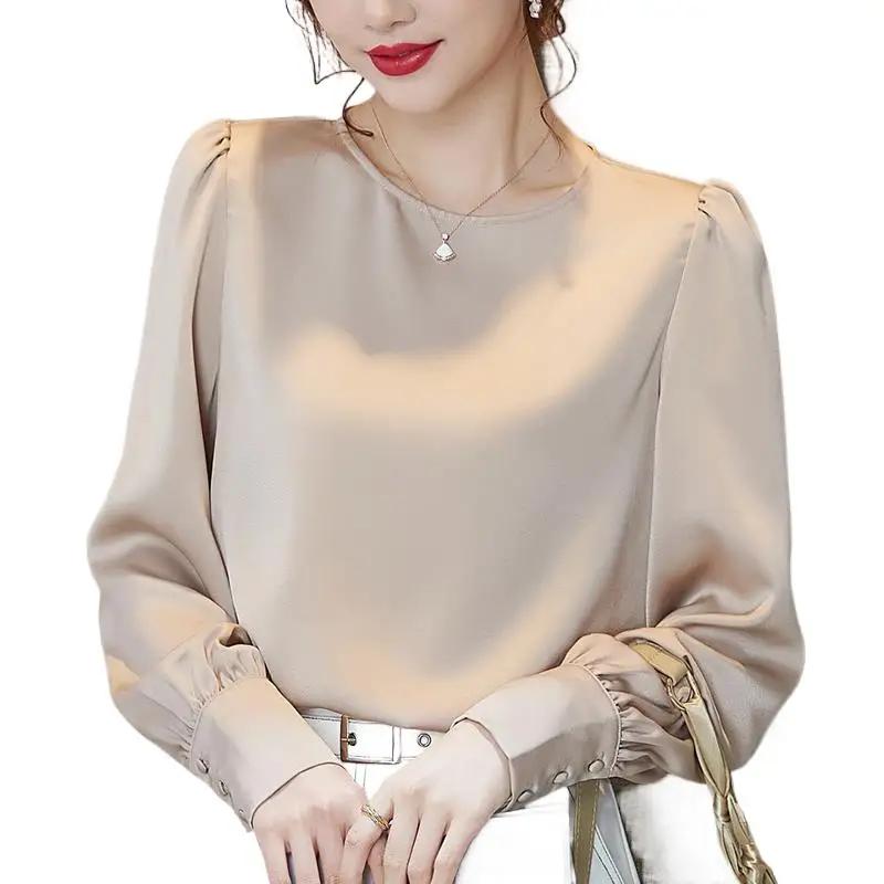 Chemise en soie glacée à manches longues et col rond pour femmes, chemisier monochrome en satin acét