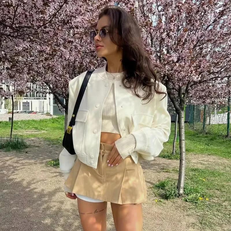 HXAO femme Bomber veste manteau blanc automne hiver bouton Baseball aviateur recadrée vestes pour fe