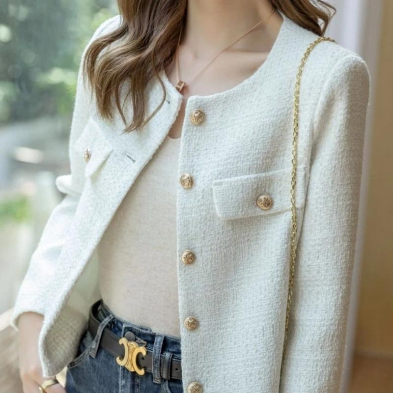 Manteaux coréens pour femmes, veste en laine française Tweed, mode haut de gamme, boutons dorés, cou