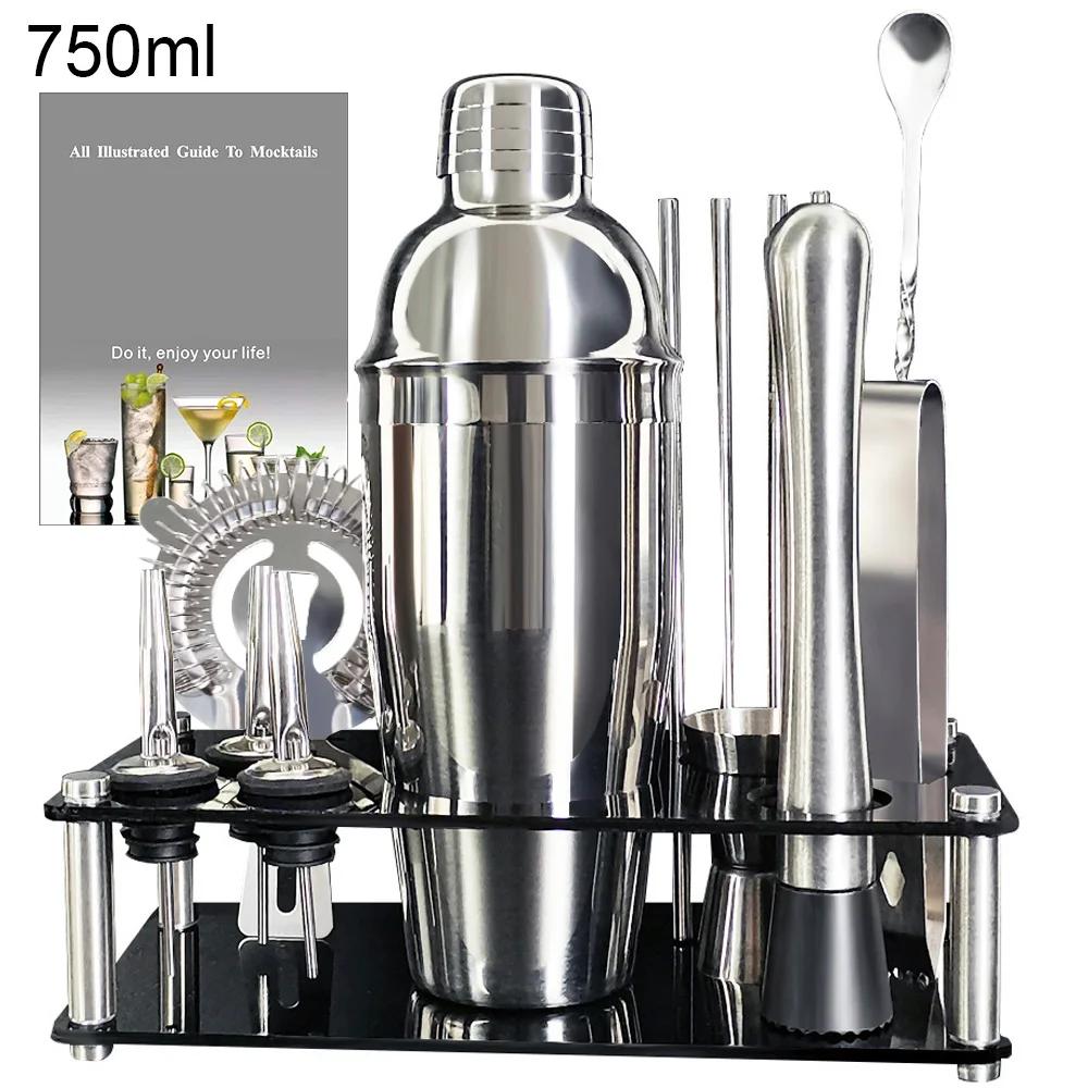 Ensemble de Shaker à Cocktail en Acier Inoxydable, Outils de Bar avec Support Noir, Shaker de 750ml,