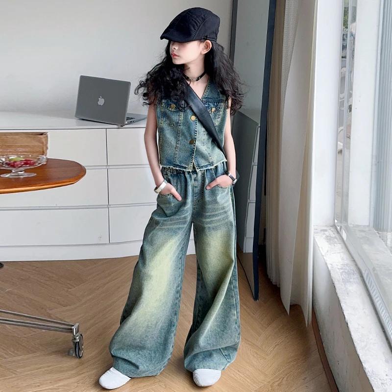 Haute couture enfant Streetwear jean ensemble pour filles décontracté Denim 2 pièces costume tenues 