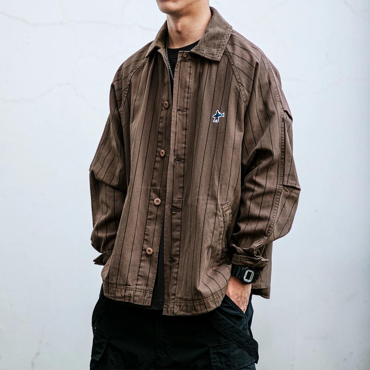 Chemise rayée Batik en coton pour hommes, manteau cargo décontracté Harajuku, manches longues, vêtem