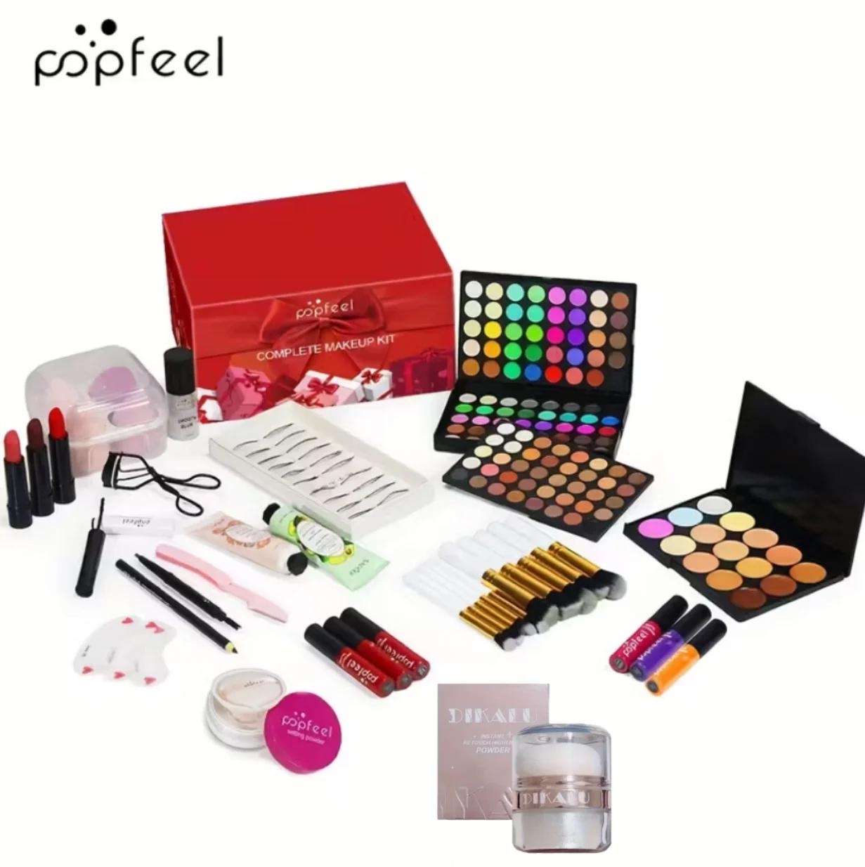 POPFEEL Kit de maquillage complet tout-en-un avec pinceau + illuminateur pour le visage - Ensemble d