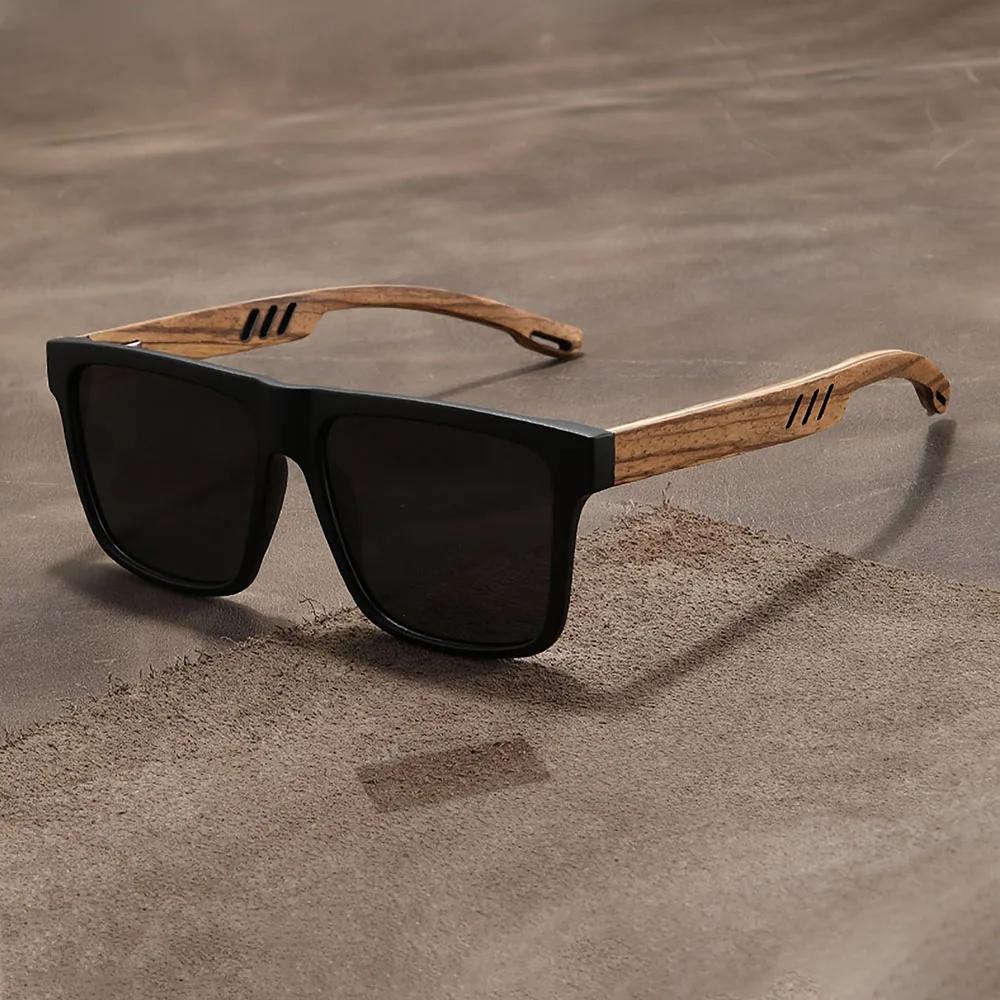 Lunettes de soleil carrées décontractées, Grain de bois, charnières à ressort, Protection UV400, uni