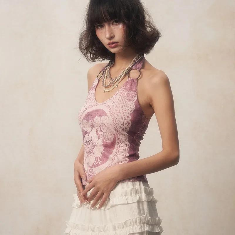 Karrcat-Camisole à imprimé fleuri rétro des années 2000, haut violet précieux, licou japonais Y2k, e