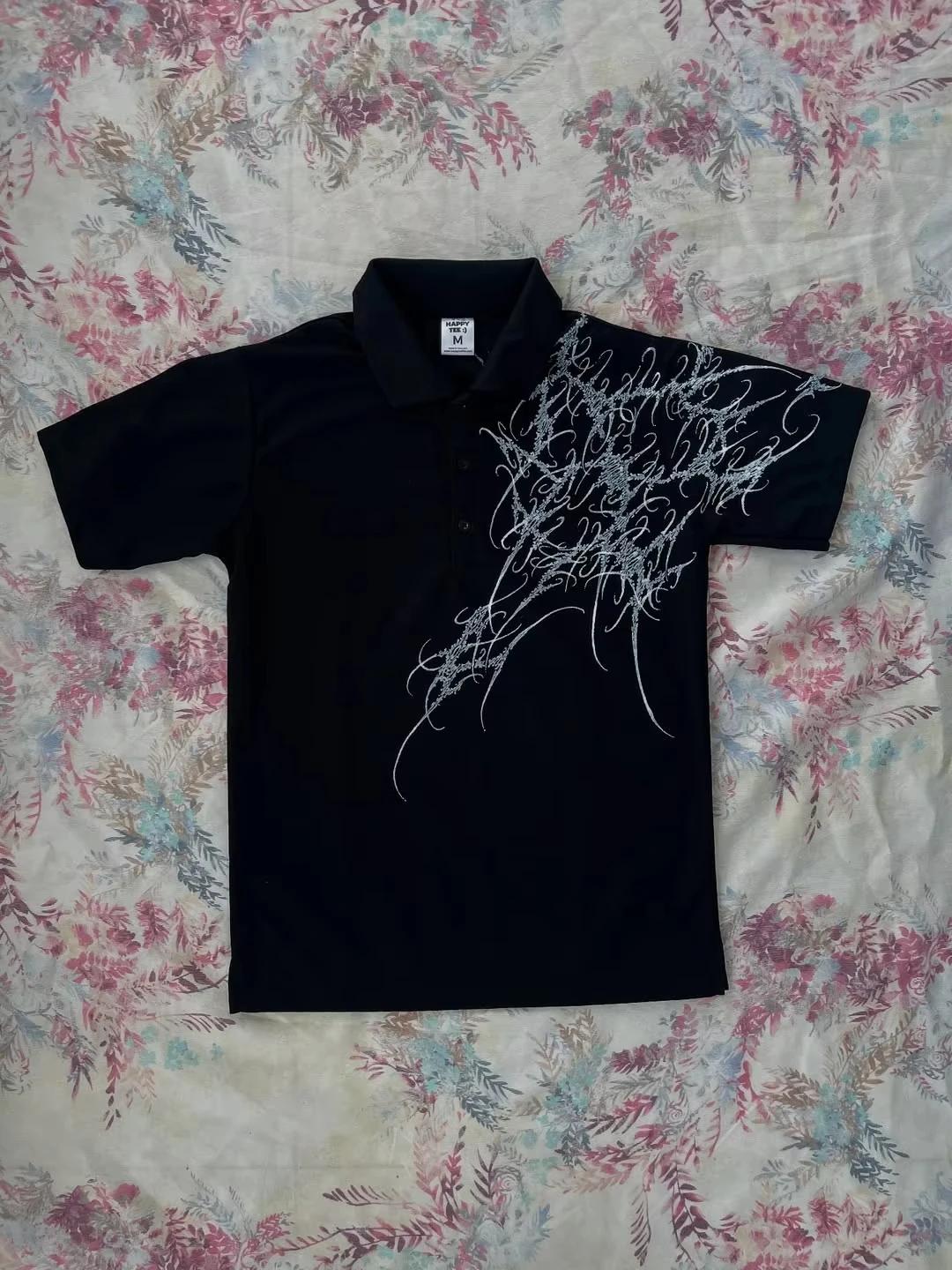 Y2K Polo imprimé Rock Goth T-shirt surdimensionné Hip Hop col boutonné chemise Punk T-shirt décontra