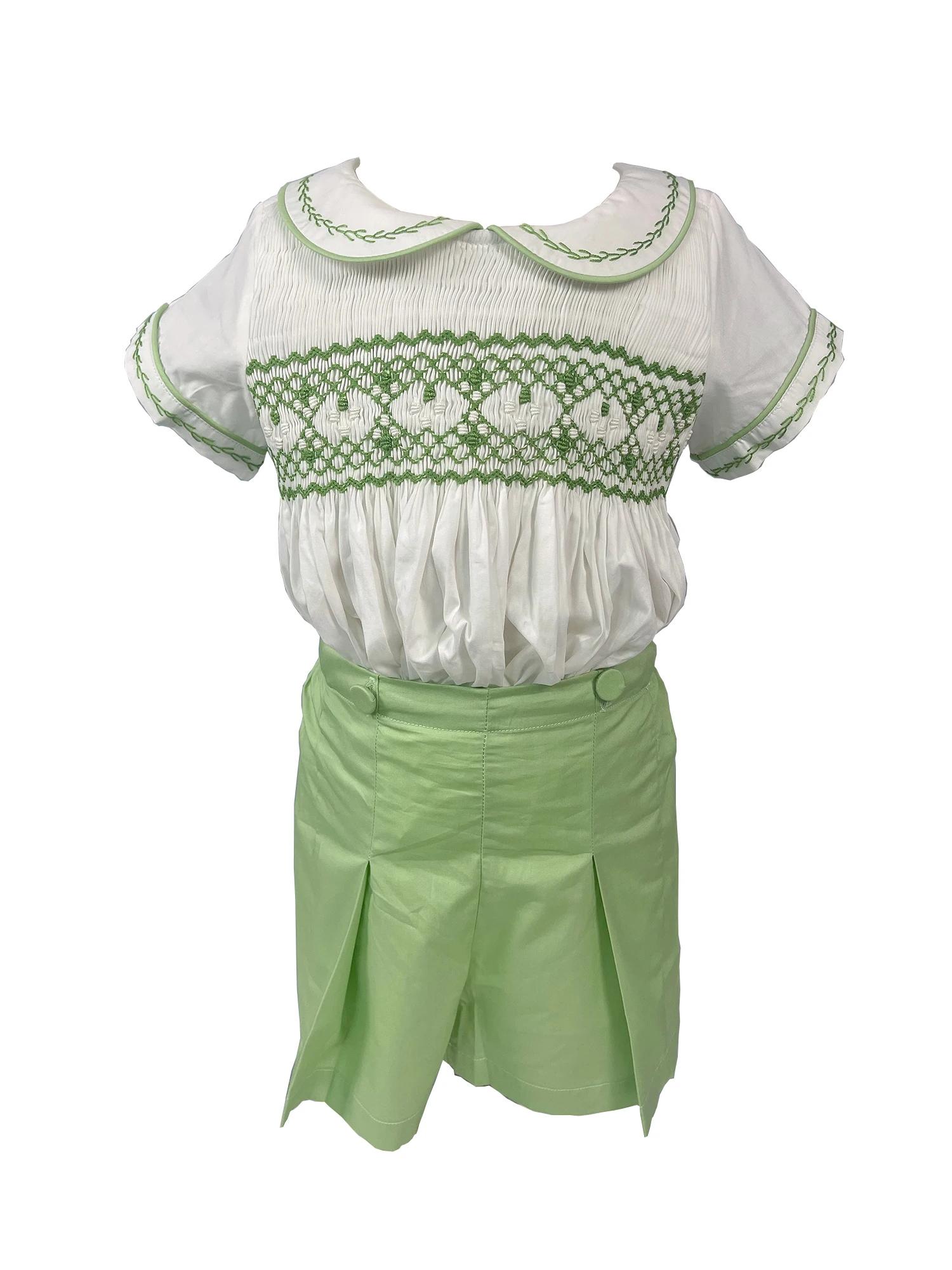 Robe à smocks faite à la main avec broderie, vêtements d'été en coton vert, vêtements de performance