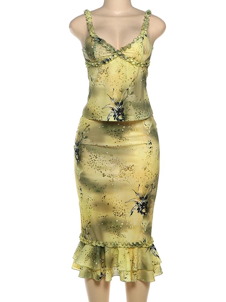 Ensemble 2 pièces transparent pour femmes, chat bizarre, Y2K, volants, Patchwork, Camisole + jupes à