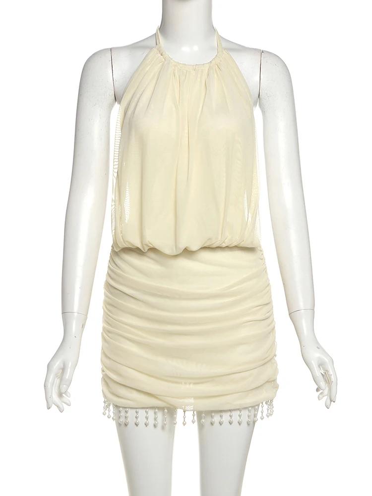 Mini robe en maille Patchwork pour femmes, col licou, Sexy, dos nu, pompon perlé, soirée en boîte de
