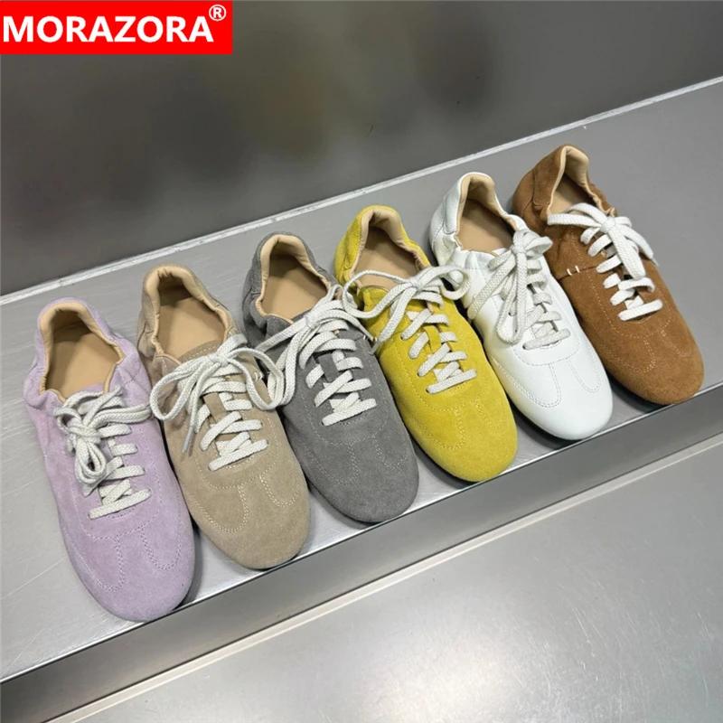 NORAZORA Ins HOT Chaussures plates en cuir de vachette pour femmes, baskets à lacets, couleur unie, 