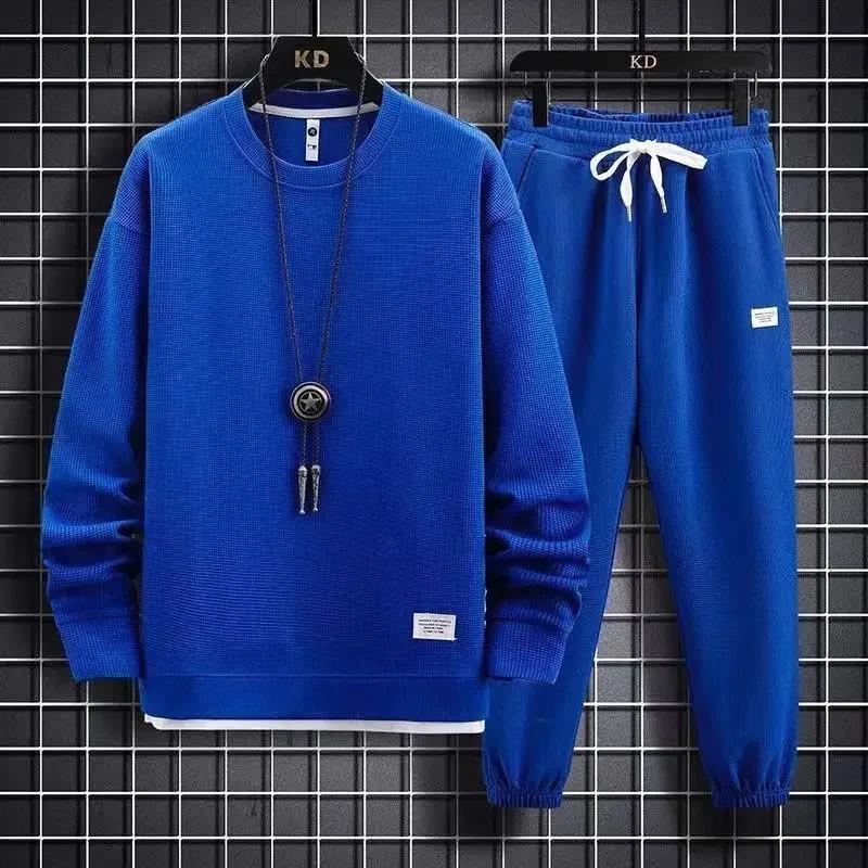 2025 printemps et automne nouveaux hommes gaufre deux pièces sweat-shirt décontracté et pantalon de 