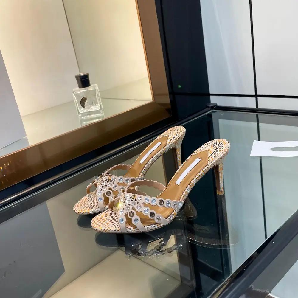 Sandales dorées à talons hauts pour femmes 2026 – Nouveauté mode, mules élégantes en strass et crist