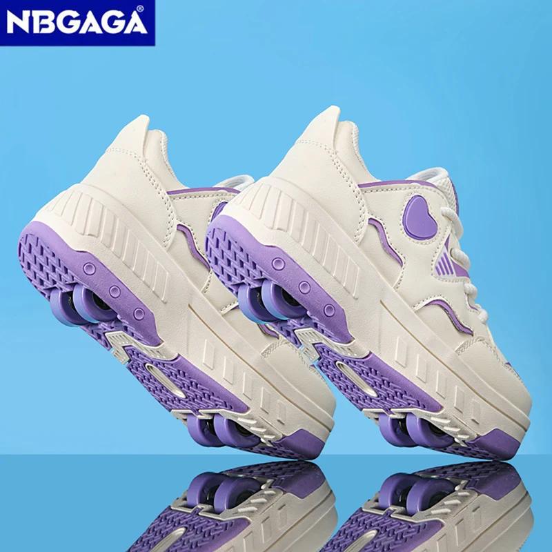 Chaussures de sport à roulettes ultra-légères pour enfants, motif cœur, quatre roues, pour la marche