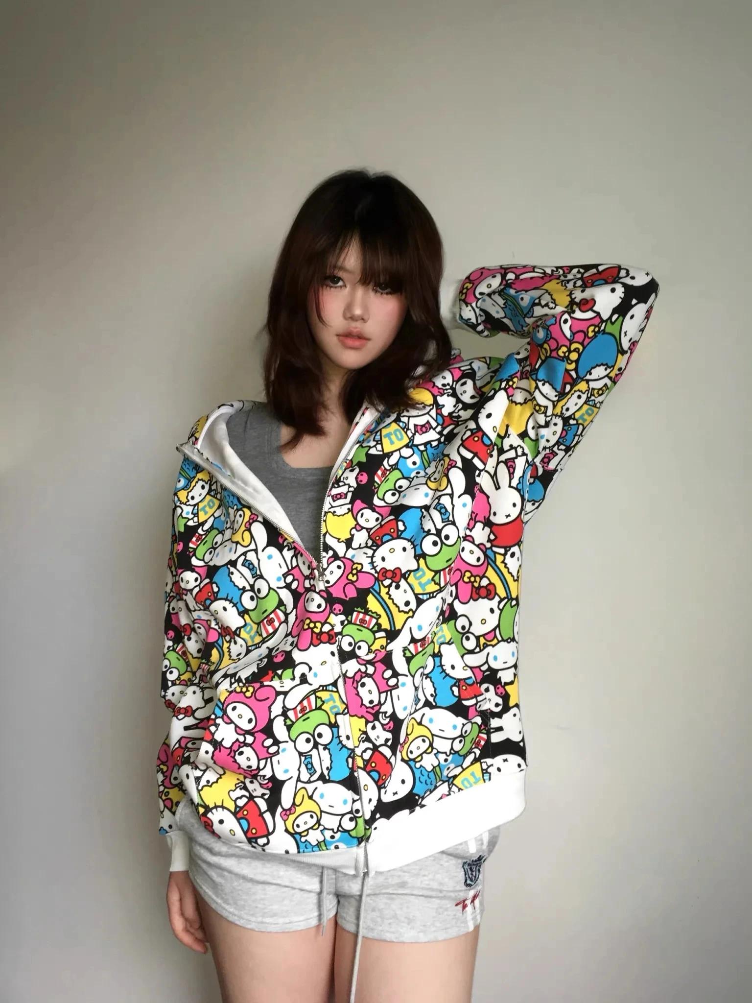 Sanrio – sweat à capuche coloré pour hommes et femmes, veste d'automne surdimensionnée, décontracté,
