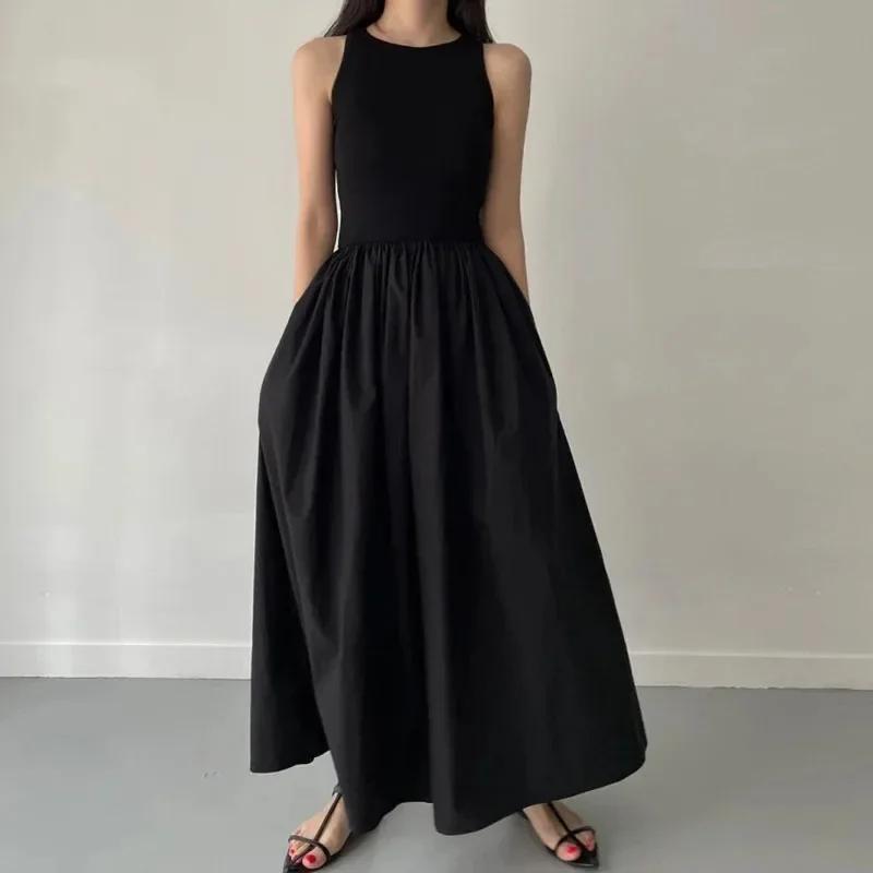 Robe longue noire Simple et élégante pour femmes, col rond, sans manches, taille haute, tempérament,
