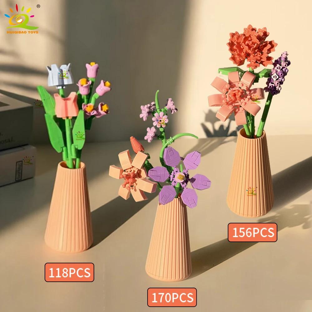 HUIQIBAO MOC Bouquet de fleurs éternelles avec pot Micro bloc de construction tournesol Rose Mini mo