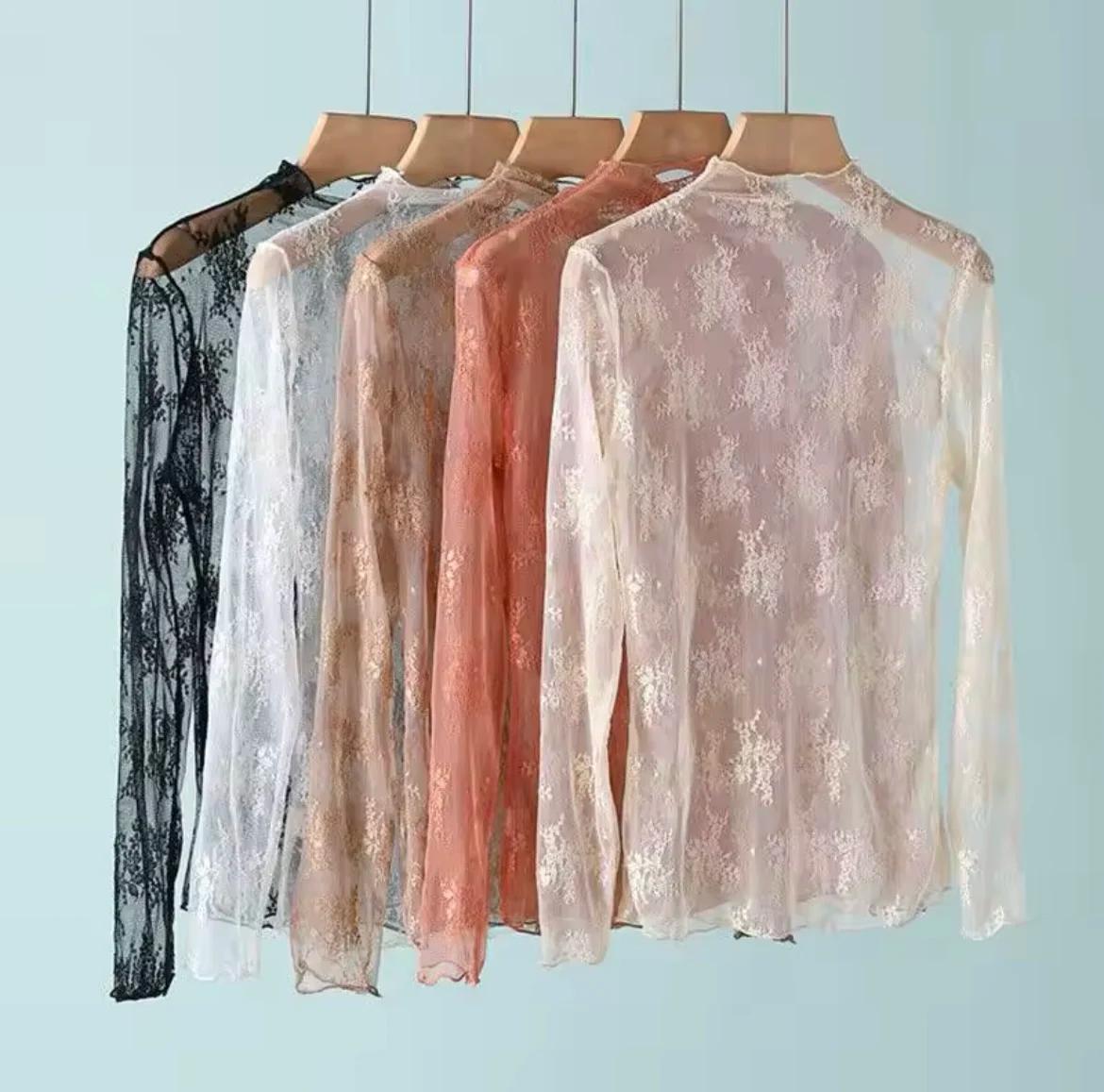 Femmes Sexy maille T-Shirts dentelle transparente Blouse à manches longues voir à travers les hauts 