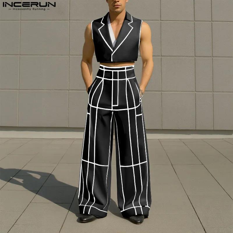 INCERUN hommes ensembles Patchwork revers sans manches gilets courts et pantalons à jambes larges de